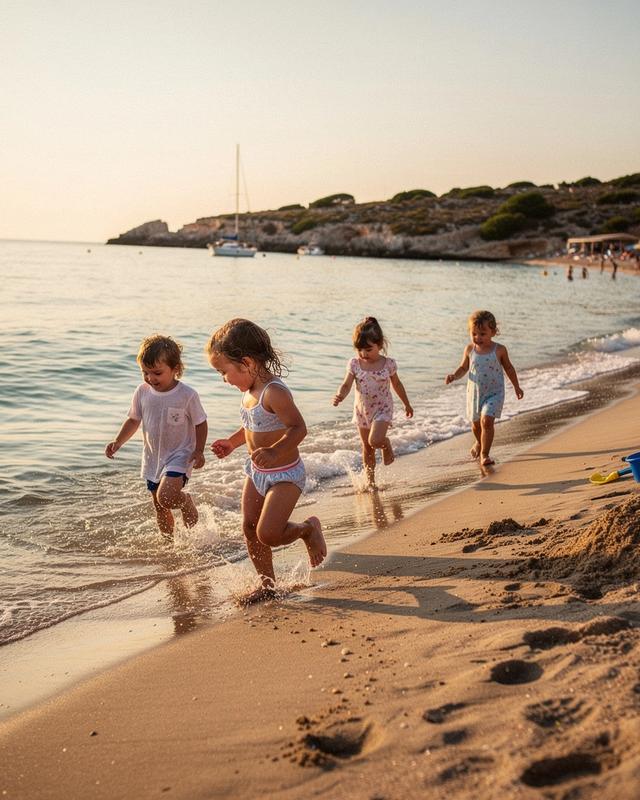 Children playing at the edge of a calm, shallow sea on a sandy beach