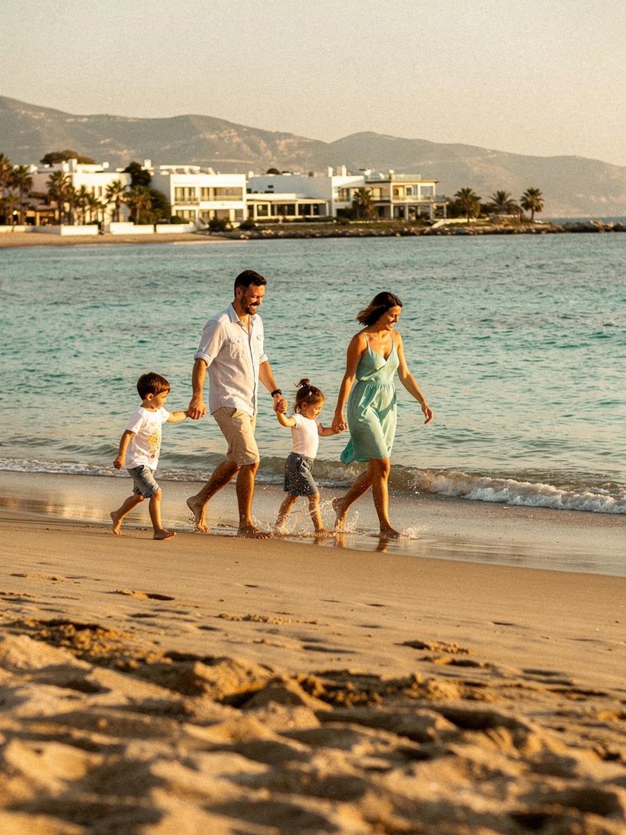 Family walking along a shallow sandy beach at a Mediterranean resort