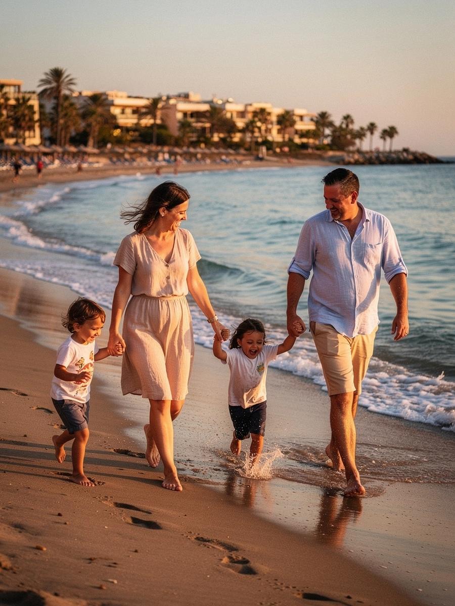 Family with two children walking along a calm beach shoreline at sunset