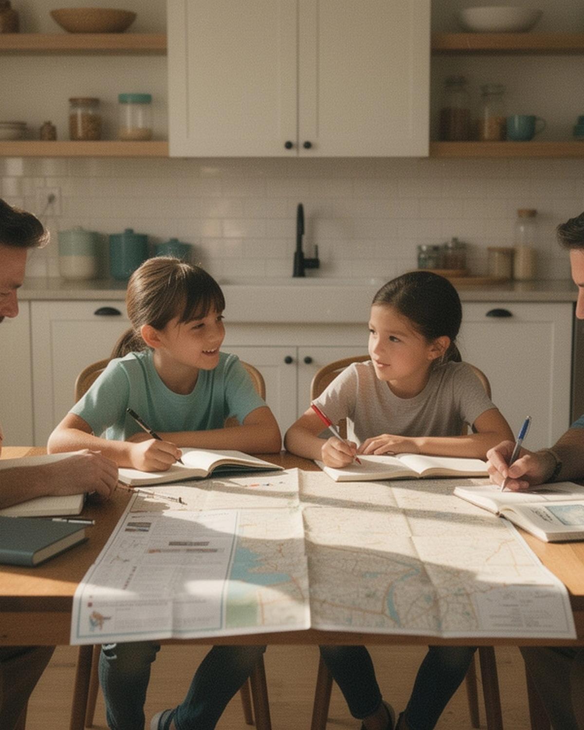 Family reading a travel shortlist together at a kitchen table