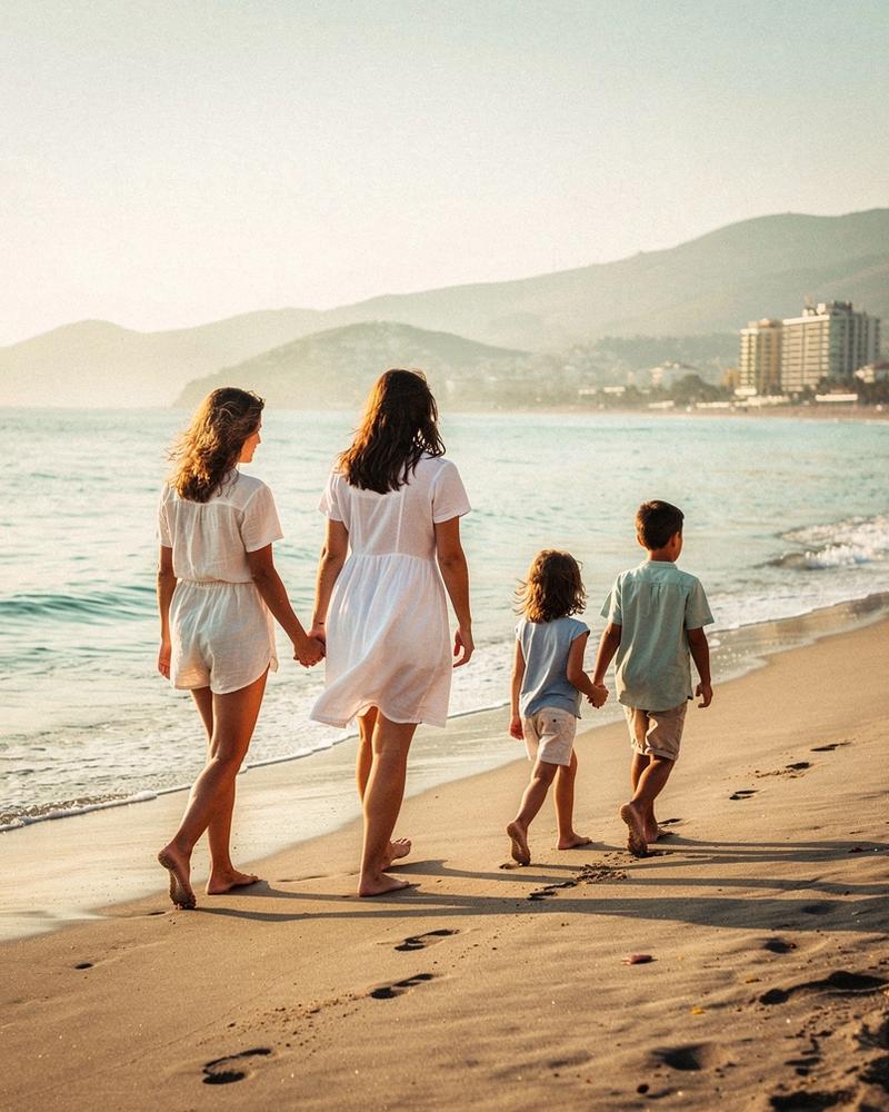 Family walking along a calm sandy beach in Antalya, Turkey