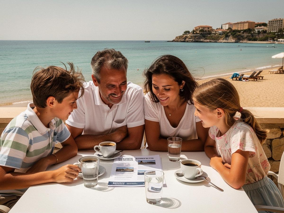 Family with beach towels and plans reviewing a resort shortlist by the sea