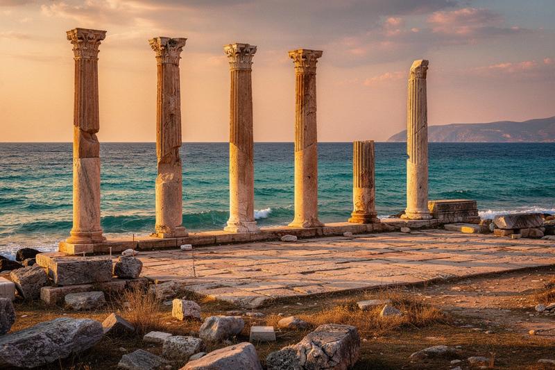 Side ancient temple columns by the sea