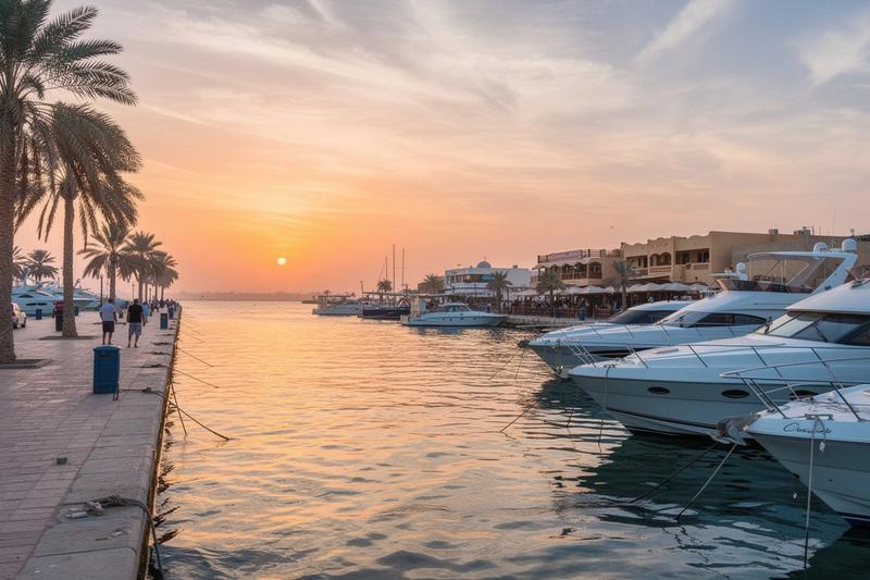 Hurghada marina with boats at sunset