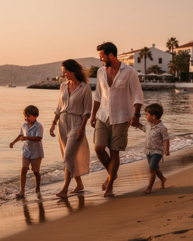 Family with two children walking along a calm shallow beach at sunset